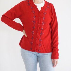 Vintage Allie Lu Collection Red Beaded Button Cardigan Sweater Floral Trim L
